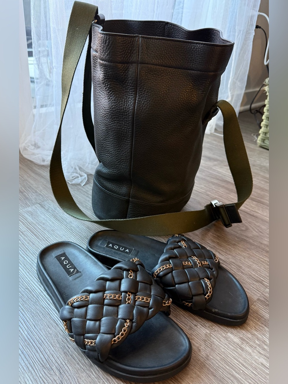 Rag & Bone Black Walter Leather Bag with Green Strap